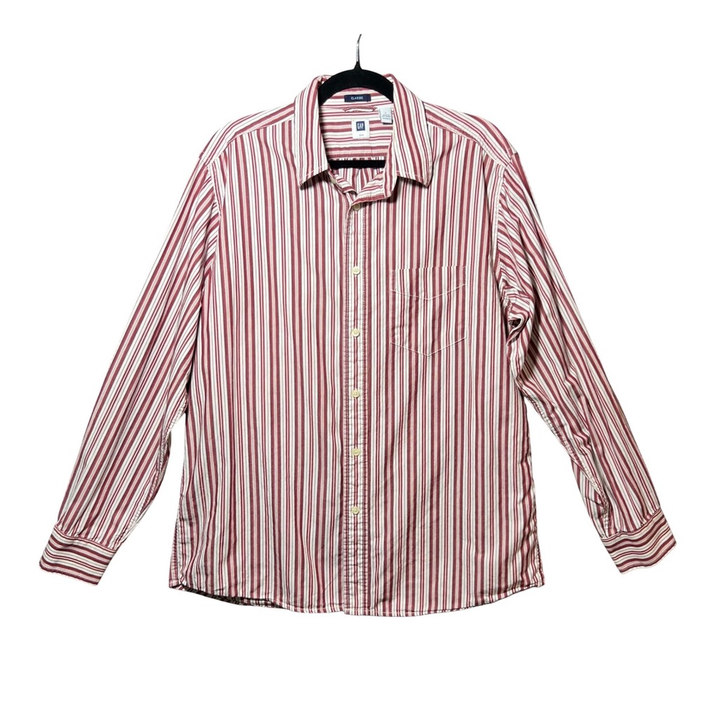 Gap Classic Mens Large Red White Striped Button Down Shirt Long Sleeve Cotton